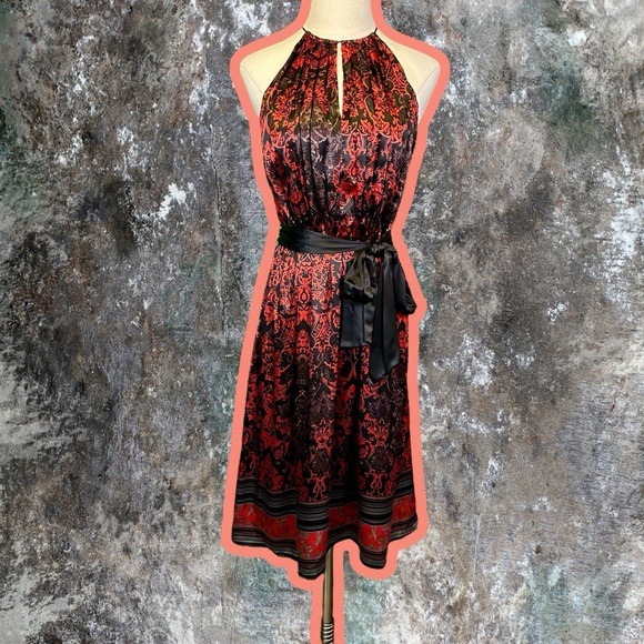 ANTONIO MELANI Red & Black Paisley Bandana Print 100% Silk Belted Dress Size 2 - Picture 1 of 13
